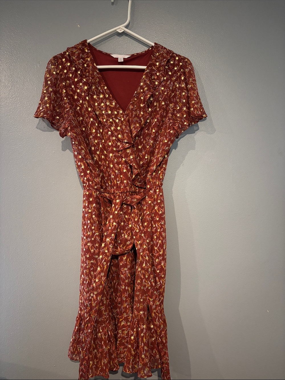 LC Lauren Conrad Rust Floral Wrap Dress with Ruffle Trim